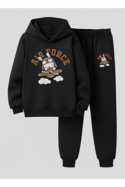 LORVEX Set cu glugă pentru copii AIR FORCE imprimat cu 3 fire, tricotat trico...