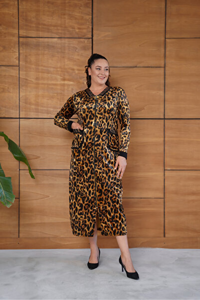 verabelle Velvet Fabric Leopard Print Plus Size Zipper through Stone Dress