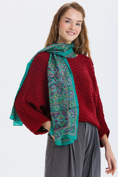 Clandestino Ethnic Patterned Indian Silk Shawl Turquoise - Purple