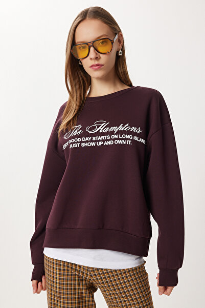 Lovelyİstanbul Oversize Baskılı Şardonlu Örme Sweatshirt LUB0313 MÜRDÜM