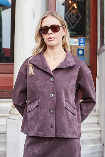 Jument Women's Lightweight Flexible Nubuck Fabric Collared Pocketed Off-Shoulder Long Sleeve Jacket Coat-Brown