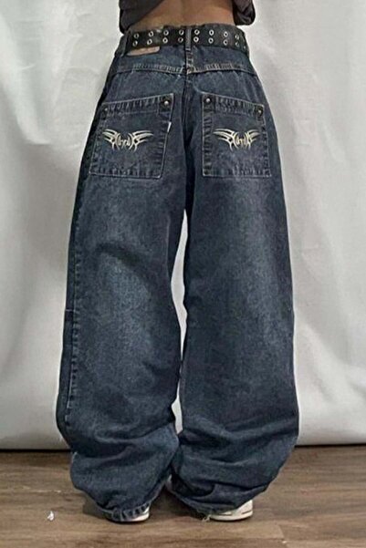 ARS Butik Mini Pocket Embroidery Navy Blue Retro Washed Baggy Y2K Pants