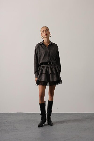 cemo Belted Ruffled Mini Skirt and Oversized Shirt Set Lace Detailed Winter Stylish
