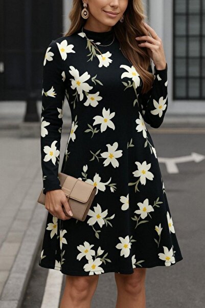 Mossta Turtleneck Floral Patterned Crepe Dress - Patterned