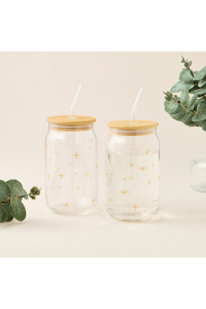 Lifestyle Star Print 2-Piece Glass Sipper Set with Straw - 530 ml