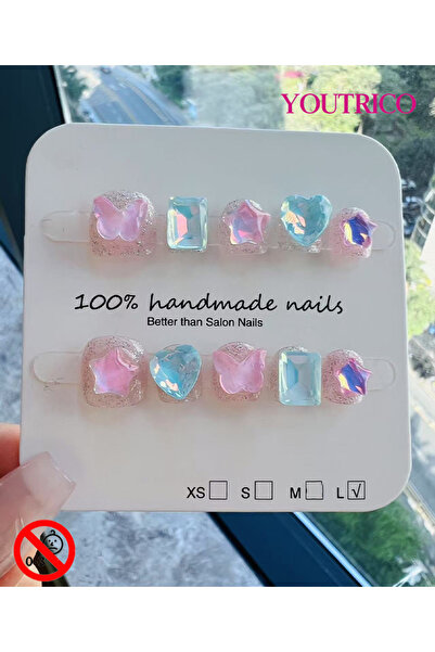 Youtrico Children's Fake Nails 100% Handmade Cartoon Green, Safe for 3+ ，L