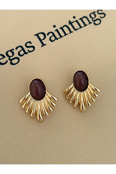 marsel aksesuar أقراط من الفولاذ الذهبي متوسطة الحجم على شكل مروحة مطلية بالمينا البنية