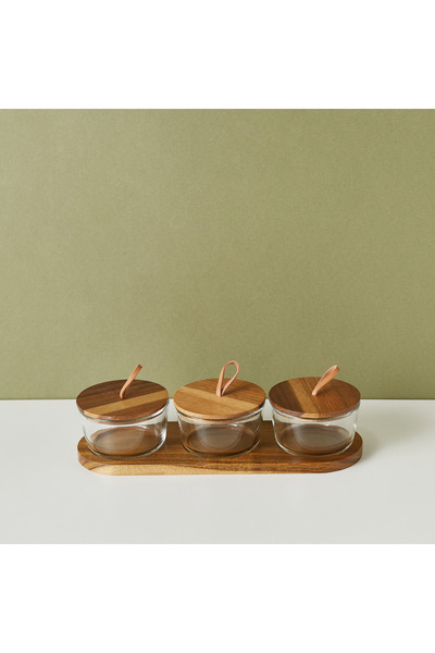 Lifestyle Round 3-Piece Glass Jar Set with Wooden Tray