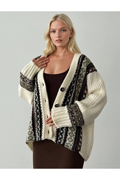 İLKCET MODA Ethnic Patterned Women's Oversized Knitted Cardigan
