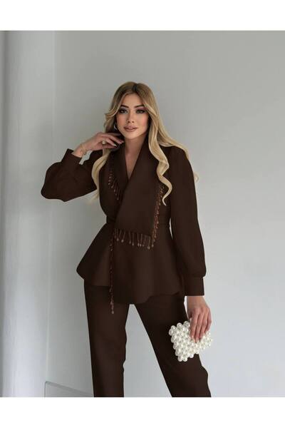 Siseniorita Elegant Women's Jumpsuit with Wide Leg Pants, Jacket Top and Veil Sleeves with Pearl Details