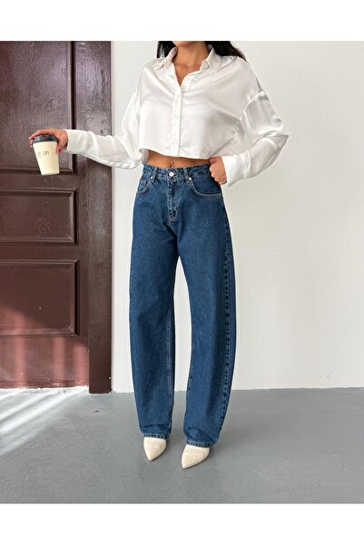 XBELLA DENİM Women's Ballon Fit Blue Stone High Waist Wide Leg Pants