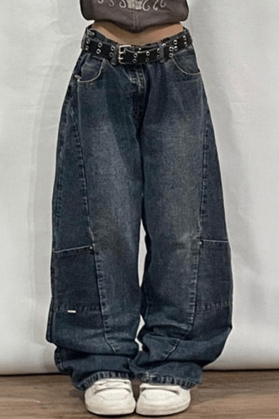 ARS Butik Mini Pocket Embroidery Navy Blue Retro Washed Baggy Y2K Pants