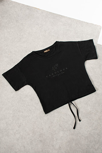 grand coco Women's Printed Black Crop T-Shirt