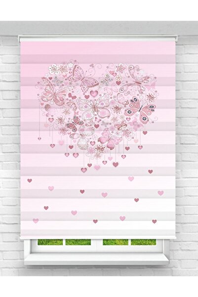 Yznhome Çocuk odası – Kalp ve Kelebek Desenli Pembe Zebra Perde – YZN-173