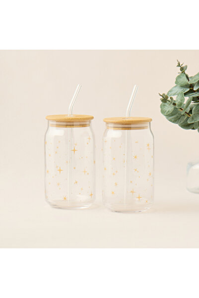 Lifestyle Star Print 2-Piece Glass Sipper Set with Straw - 530 ml