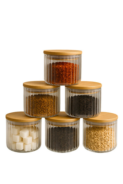 Denia Home |   Borrelia |   6-Piece Bamboo Lid Striped Spice Jar Set 490 Ml.