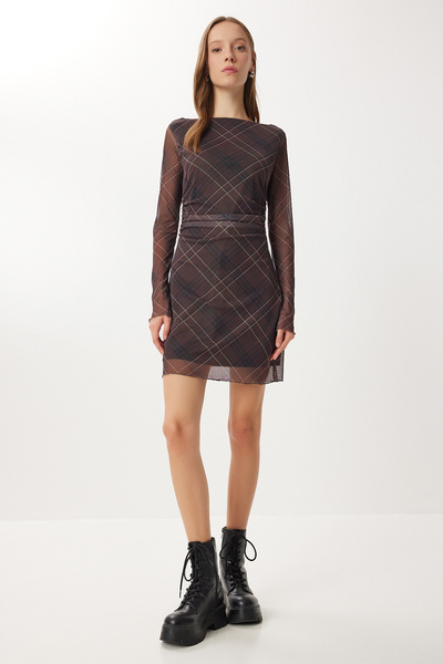 Lovelyİstanbul Patterned Gathered Mini Tulle Dress Lub0314 Brown