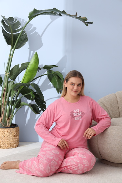 Serena Women's big size dark pink pajamas, My Best Life print, 100% cotton