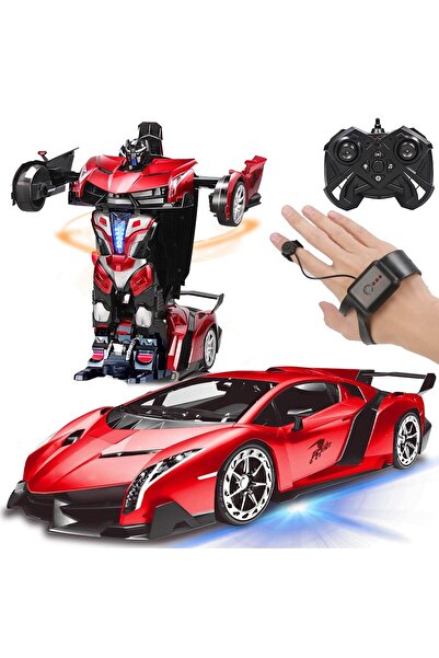 Timebox Transforming RC Robot Car, 360° Spin, Voice/Gesture, 2.4GHz, Lights/Sounds, 2 Batteries, Red