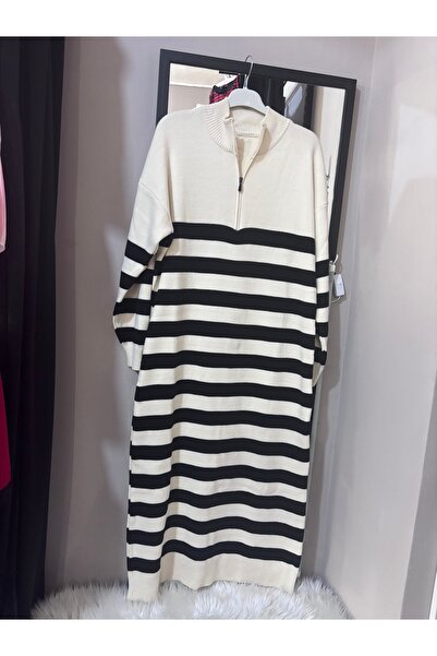 strabellaclothes Kadın cizgili tiriko uzun elbise