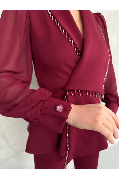 Siseniorita Elegant Women's Jumpsuit with Wide Leg Pants, Jacket Top and Veil Sleeves with Pearl Details