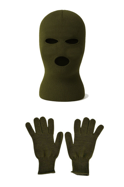 Belifanti Collection Knitted Tricot Three-Eye Unisex Khaki Balaclava Khaki Gloves Set of 2