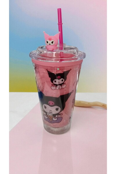 FAMEMUS ACCESSORY Kuromi Pink Color Light-Up Cup with Straw Water Bottle