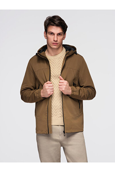 OMBRE Ελαφρύ ανδρικό μπουφάν με αδιάβροχη επίστρωση και κουκούλα - Καφέ V2 C638