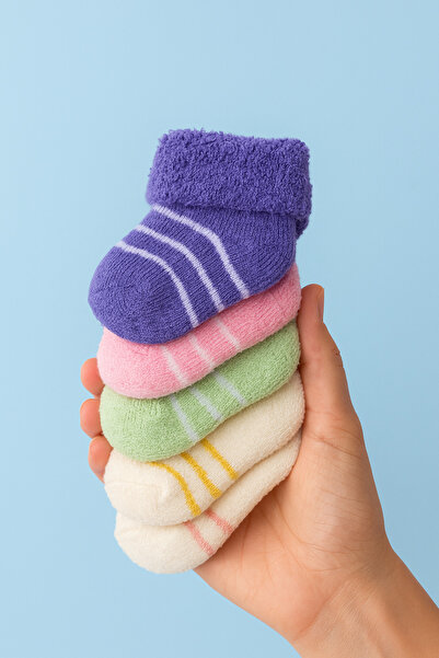 PAMBIK AYAKLAR 6 Çift Bebek Kışlık Çizgili Havlu Çorap Seti