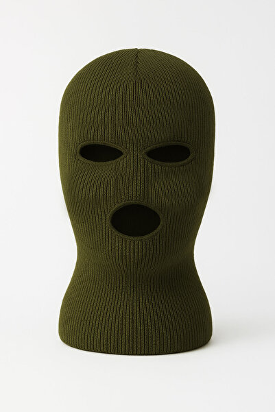 Belifanti Collection Knitted Tricot Three-Eye Unisex Khaki Balaclava Khaki Gloves Set of 2