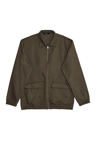 Tudors Men's Relax Fit Comfortable Cut Double Pocket Flap Zipper Elastic Waist Straight Khaki Jacket Coat Shirt