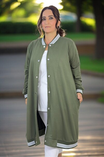 yagmurberen Snap Closure Crystal Viscose Fabric Pocketed Ribbed Plus Size Long Cap Jacket