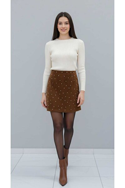 Sensiz Taş Detaylı Mini Süet Etek
