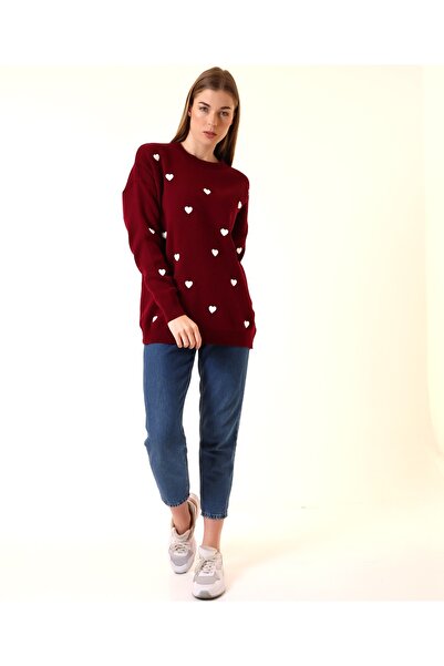 Hazinedan Women's Burgundy Embossed Heart Knitwear Long Sleeve Lover Gift Sweater
