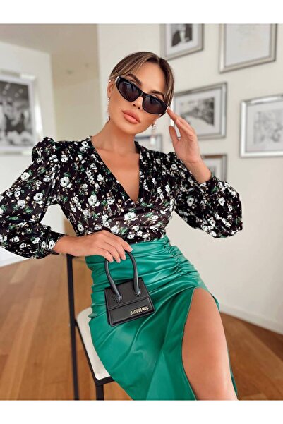 Siseniorita Midi Dress With Printed and Draped Detail, High Slit and Faux Leather