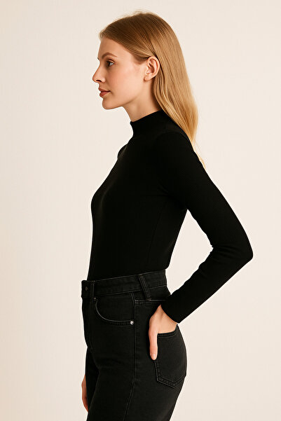 LACHT Women's Black Mock Neck Ribbed Knit Long Sleeve Blouse