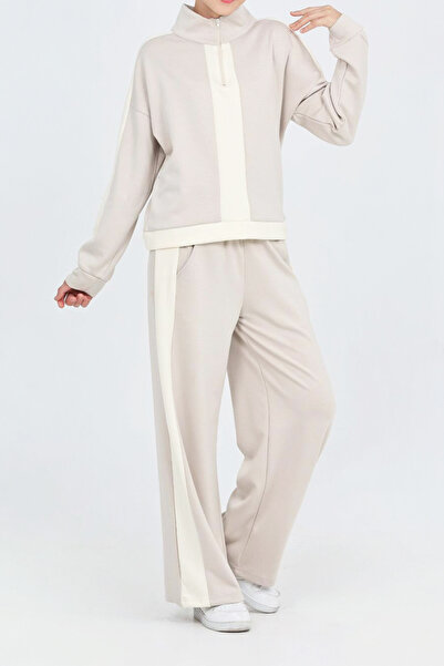 MODANINO Girl's Double Face Fabric Half-Zipper and Stripe Garni Detailed Top and Bottom Set 12300