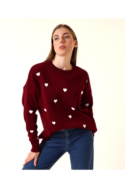Hazinedan Women's Burgundy Embossed Heart Knitwear Long Sleeve Lover Gift Sweater