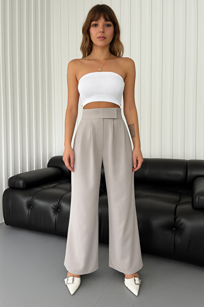 BEGBOR LİNGERİE Women's Light Beige Velcro Waist Detailed Palazzo Fabric Trousers