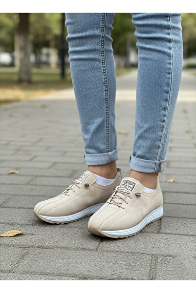 SİLİYA Women's Beige Matte Colored Rubber Lace-Up Orthopedic Sole Ballerinas