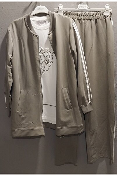 Camelya Fashion Women's Striped Detail T-Shirt Sweat Cardigan and Pants Top Quality Triple Set