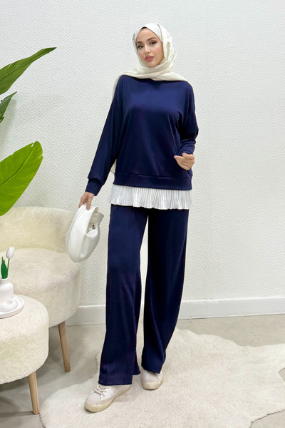 Tesettür Diyarı Σετ Τεσεττούρ με Λευκές Πιέτες και Ένθετο Τούνικ - Ναυτικό Μπλε