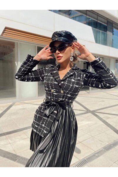 Siseniorita Women's Elegant Mini Dress, Two-Piece Effect, Tweed Jacket Top and Faux Leather Skirt