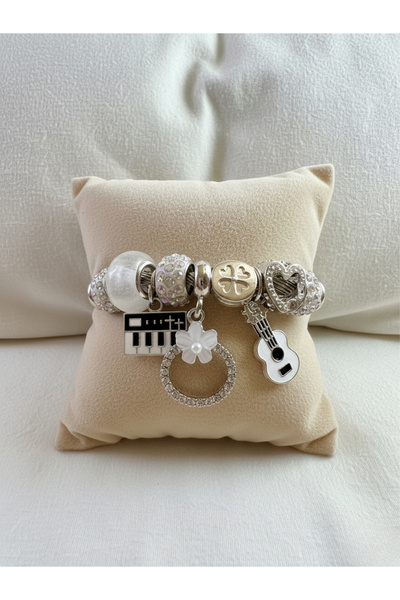 marvelous Kadın Charmlı Gümüş Renkli Müzik Temalı Gitar Piyano Nota Şans Tılsımlı Charm Bileklik