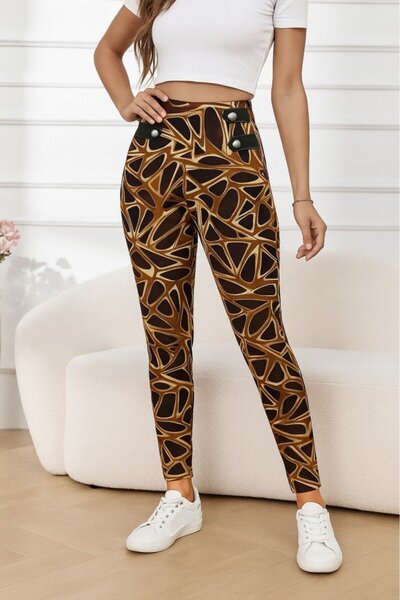 ALPACO Women's High Waist Houndstooth Patterned Side Stripe Button Detailed Diving Pants