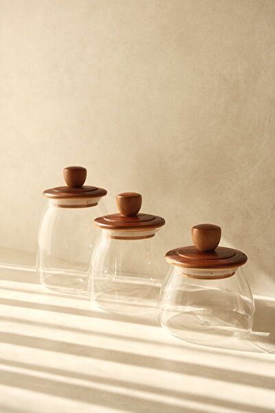 Dekorzdükkan Trio Set of 3 Acacia Vacuum Lid Jars (500Ml+750Ml+950Ml)