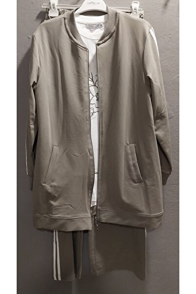 Camelya Fashion Women's Striped Detail T-Shirt Sweat Cardigan and Pants Top Quality Triple Set