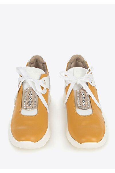 Wittchen Women's leather sneakers with shiny inserts, cognac, cognac, leather