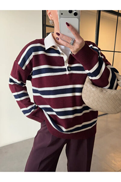 solena sln Women's New Season Striped Polo Neck Knitwear Sweater