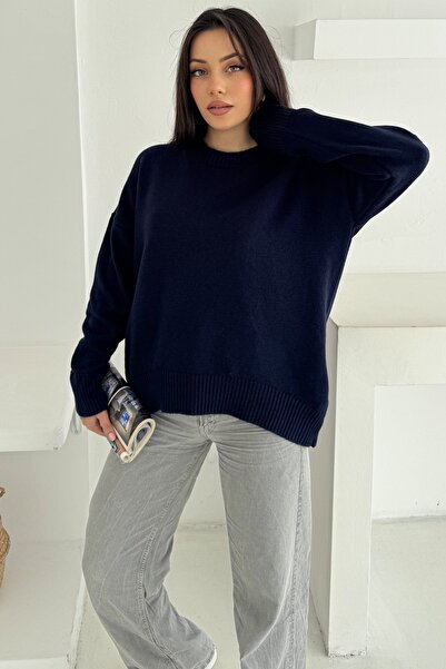 FEMELLE Women's Navy Blue Standard Size Oversized Basic Knitwear Sweater